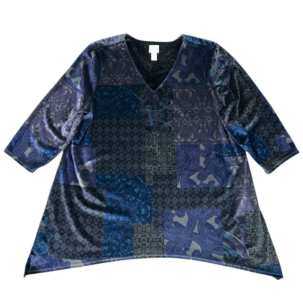 Chicos Velvet Tunic Top Womens Size 3 XL Mixed Print 3/4 Sleeve Floral Boho Art